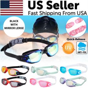 Clear Comfortable Swimming Goggles UV- Anti-Fog Swim Glasses Mirror & Kids (Option: Black with Mirrored Lenses)
